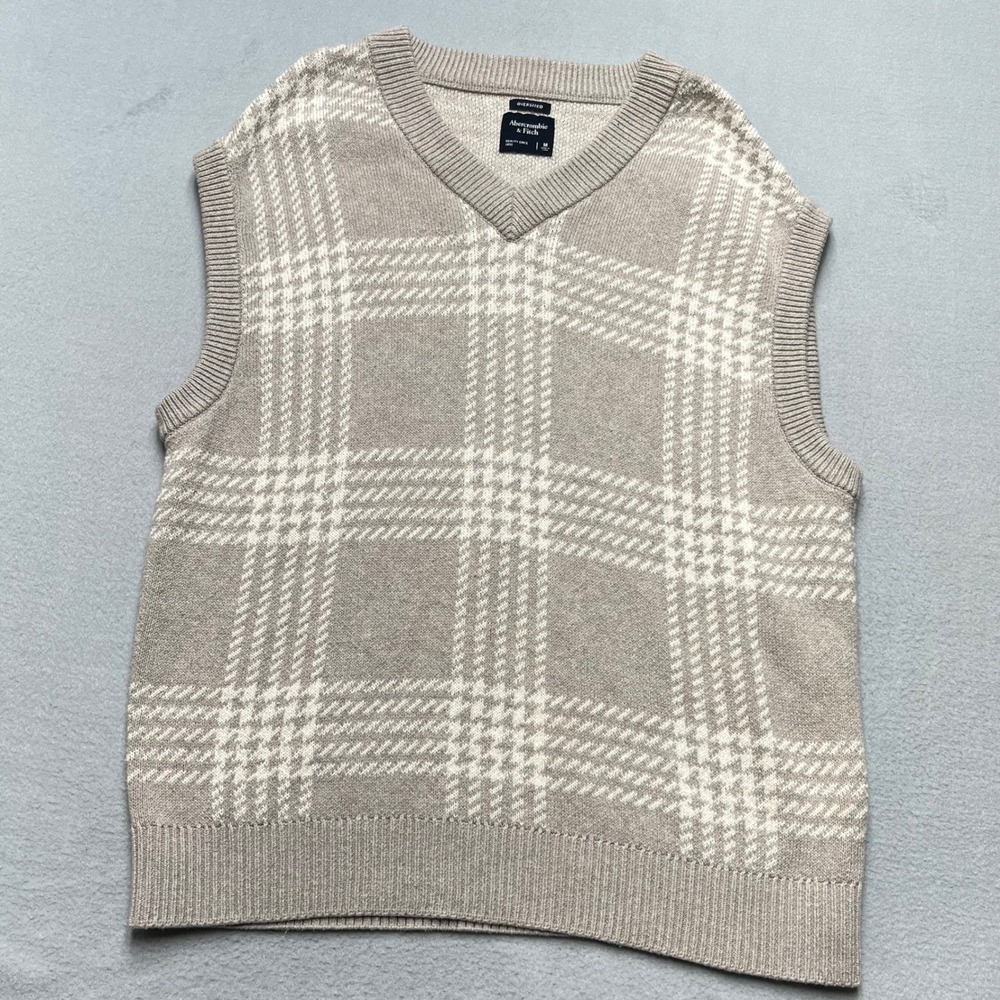 Abercrombie‎ Fitch Plaid Sweater Vest Mens Size M Oversized V Neck Knit